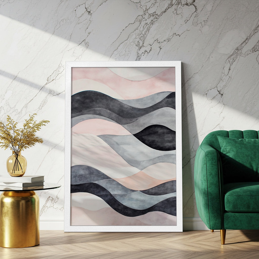 Framed Poster featuring abstract watercolor waves in a calming gray, pink, and neutral palette. Modern art for home decor.