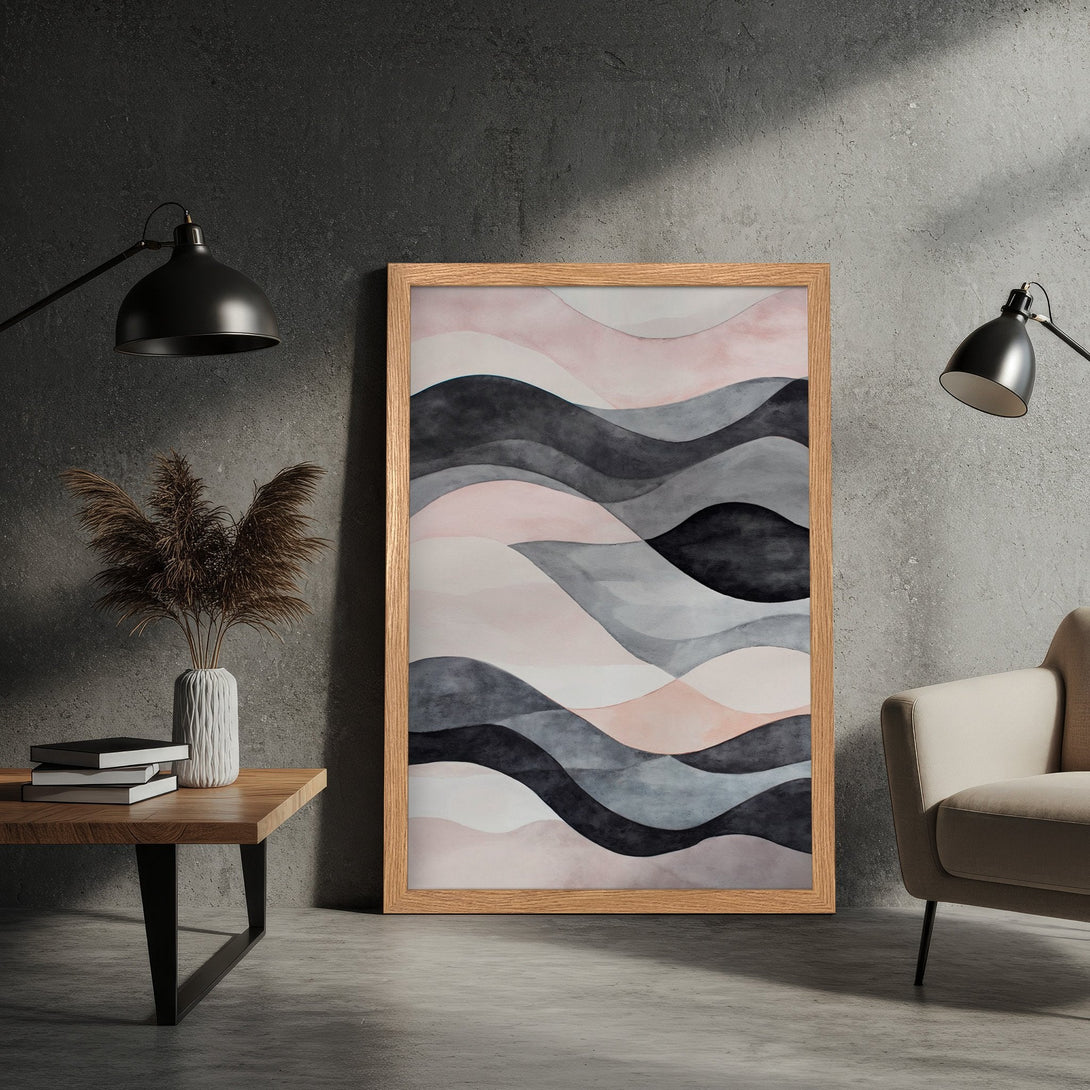 Framed Poster featuring abstract watercolor waves in neutral tones. Modern art print with a blush, gray, and black color palette.