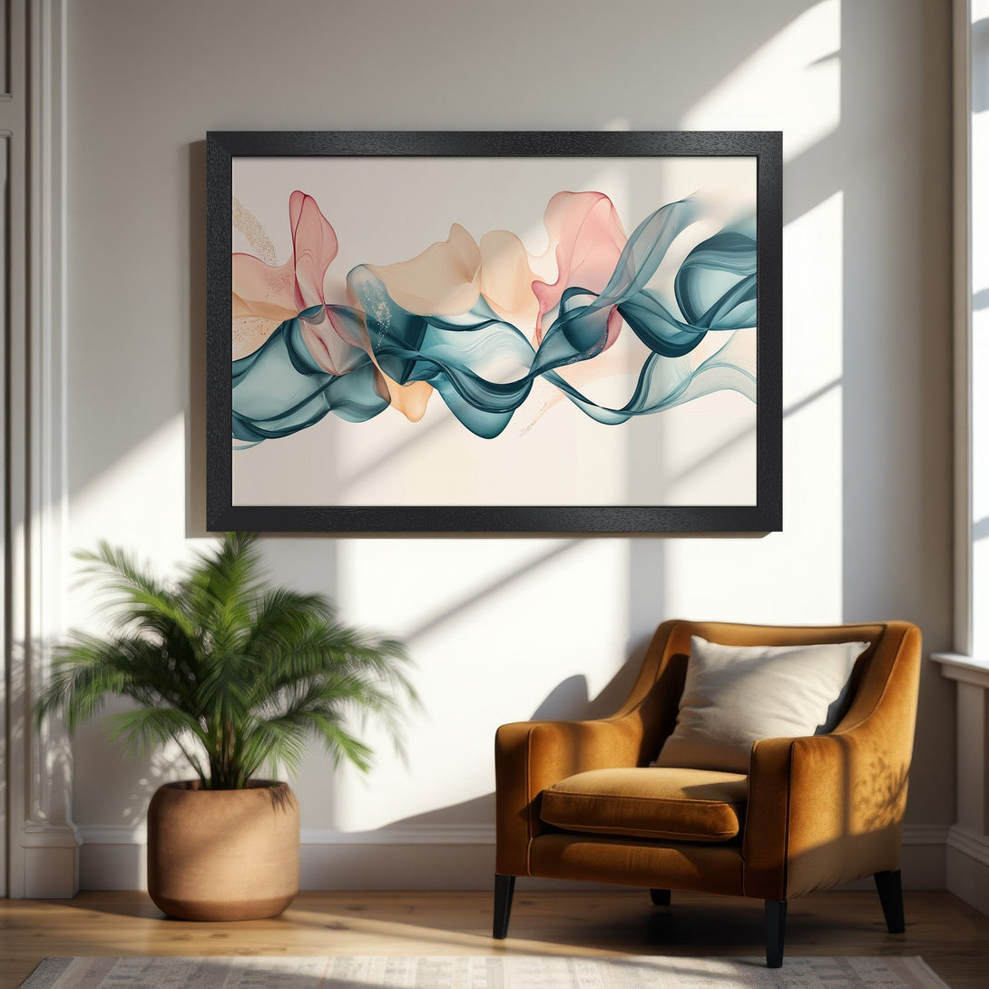 Framed Poster featuring abstract flowing art in teal, pink, and beige tones. Modern style, perfect for home decor.