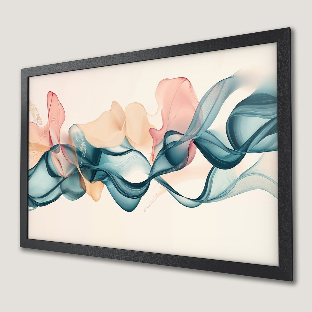 Framed Poster featuring abstract flowing art in teal, peach, and cream. Modern wall decor for any space.