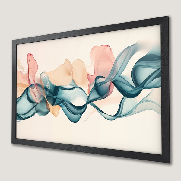 Framed Poster featuring abstract flowing art in teal, peach, and cream. Modern wall decor for any space.