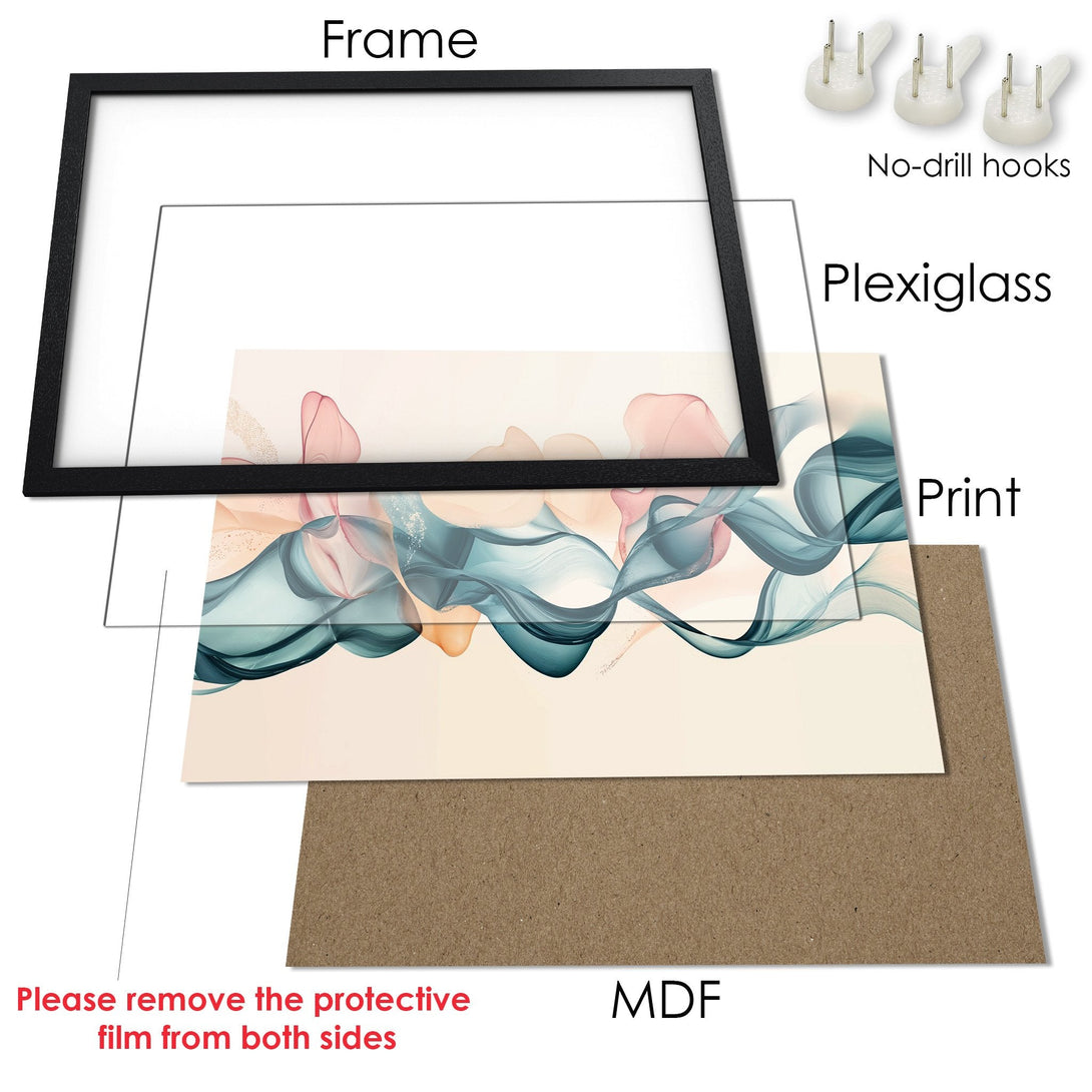 Framed Poster with abstract art in teal, pink, & beige. Modern wall art for your home. Easy to hang!