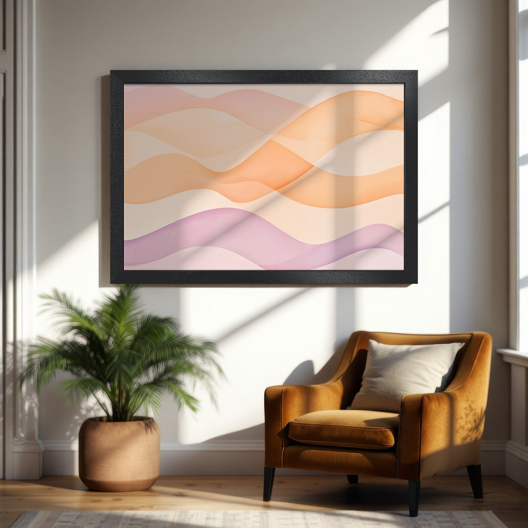 Framed Poster featuring abstract wave art in pastel peach, orange, and purple tones. Modern art print for home decor.
