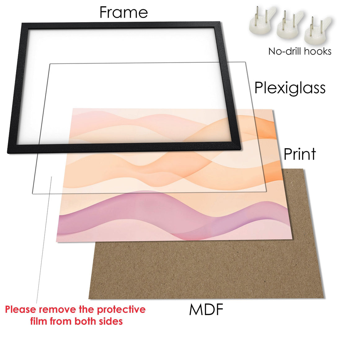 Framed Poster with abstract wave design in soft peach and purple tones. Modern art for your home.