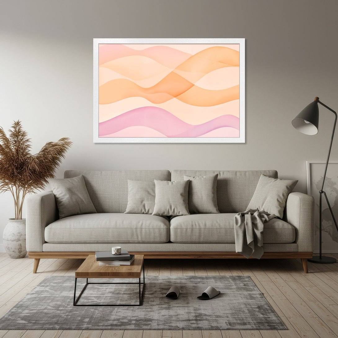 Framed Poster featuring abstract waves in a warm, pastel color palette. Modern art print perfect for any home decor.