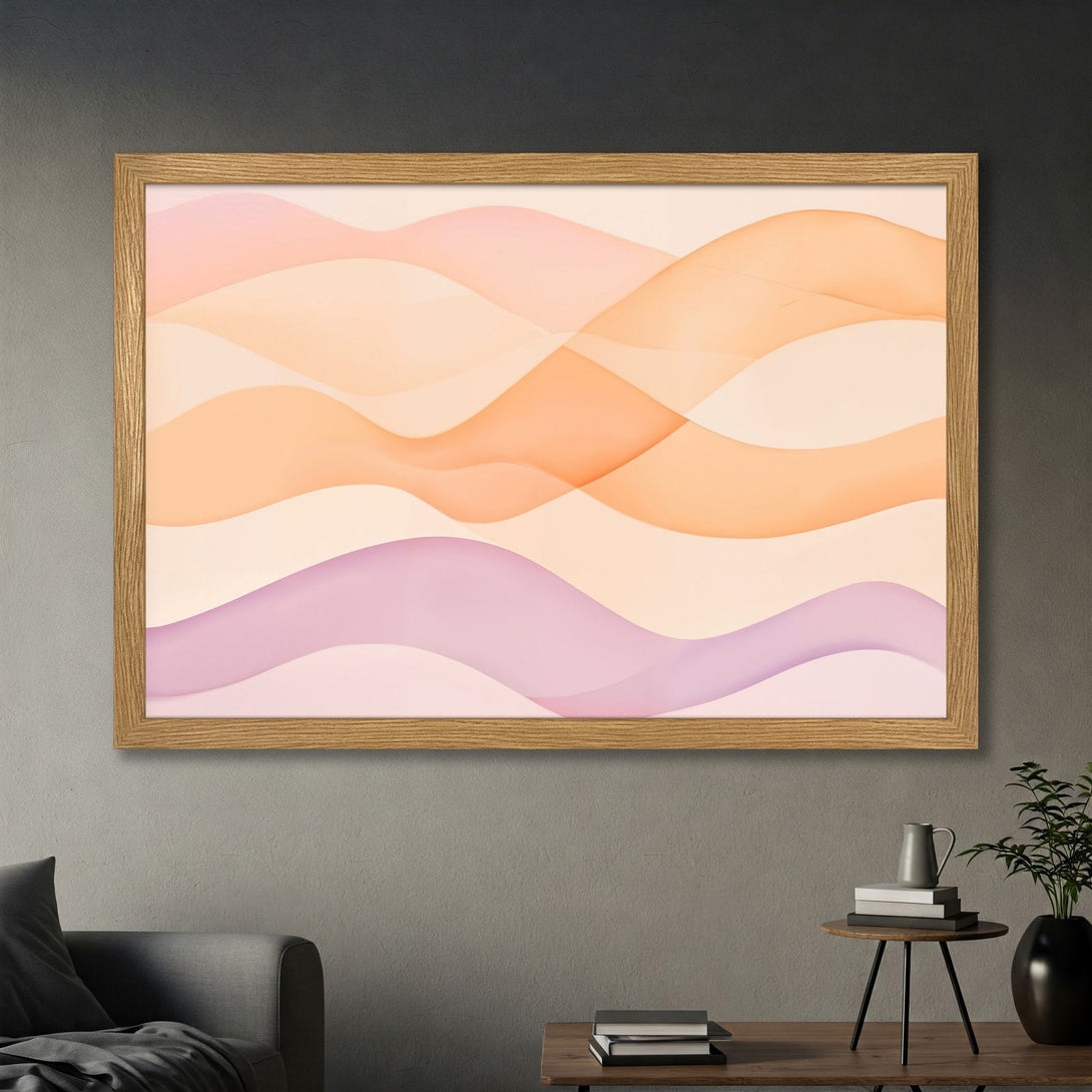 Framed Poster featuring abstract flowing shapes in peach, pink, and purple hues. Modern art print for home decor.