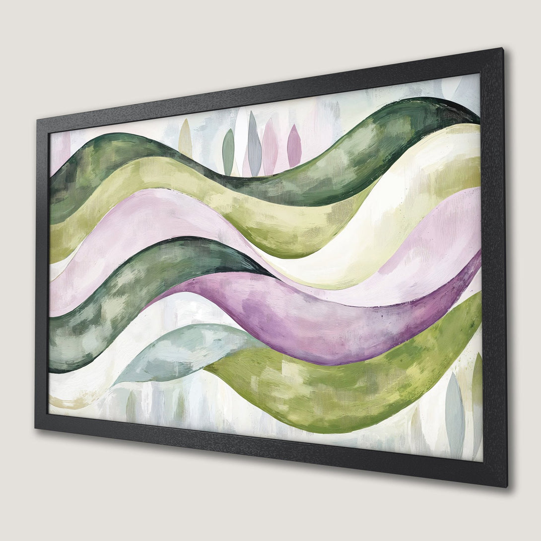 Framed Poster featuring abstract waves in green, purple, and pink, with a modern art style and soft color palette.