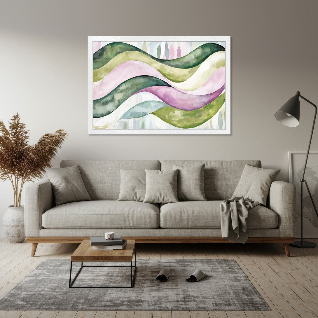 Framed Poster featuring abstract watercolor waves in green, pink, and purple. Modern art print for home decor.