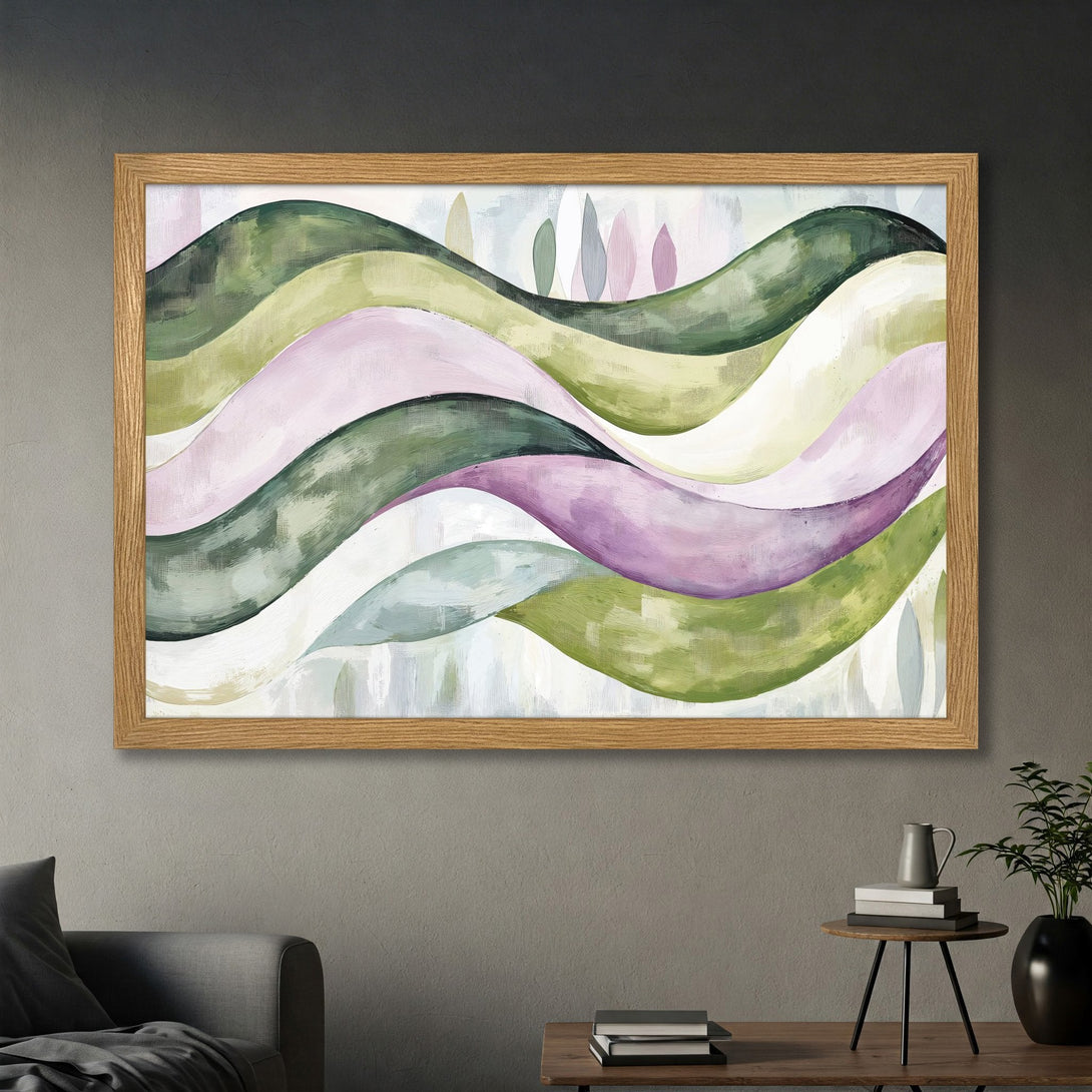 Framed Poster featuring abstract landscape art in green, purple, and pink hues. Modern art print for home decor.