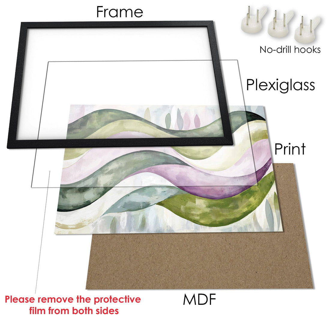 Framed Poster featuring abstract art with green, purple, and neutral tones. Enhance your decor with this stylish print!