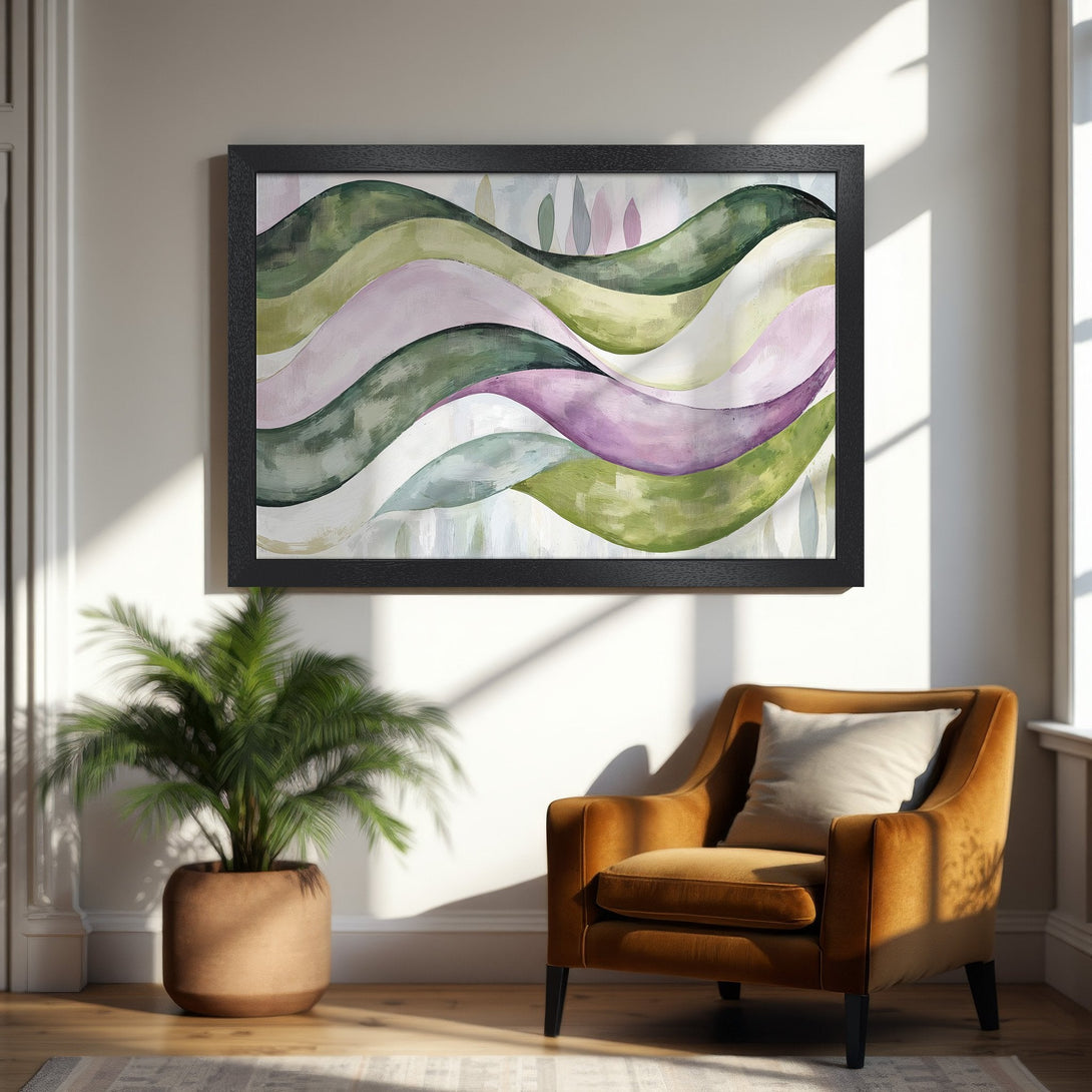 Framed Poster featuring abstract watercolor waves in green, purple, and pink. Modern art print for home decor, adding a touch of elegance.