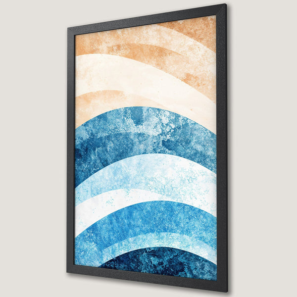 Framed Poster featuring abstract blue and beige wave art. Modern style, perfect wall decor for home or office.