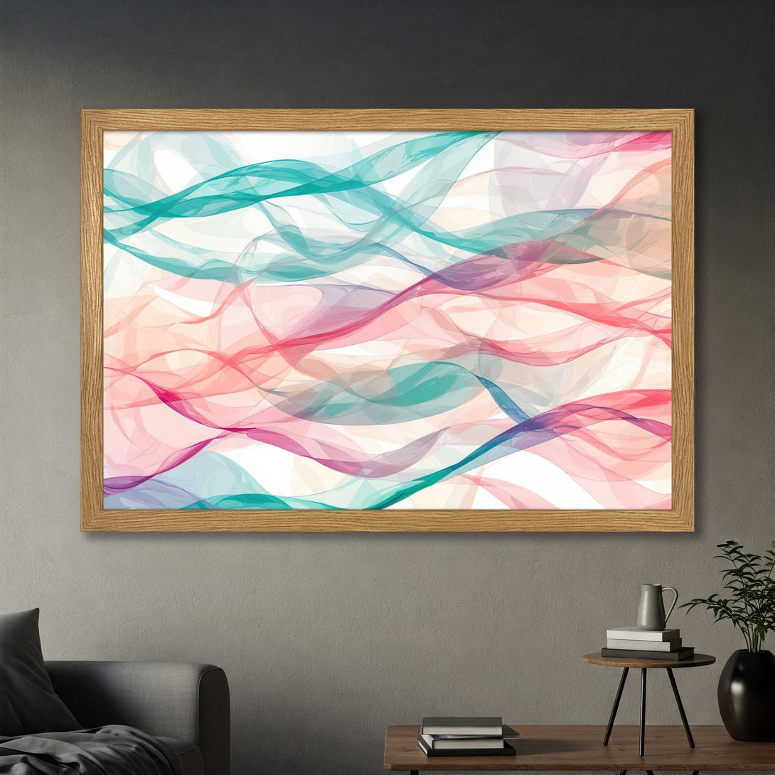 Framed Poster featuring abstract flowing ribbons in teal, pink, and purple. Modern art print with a pastel color palette.