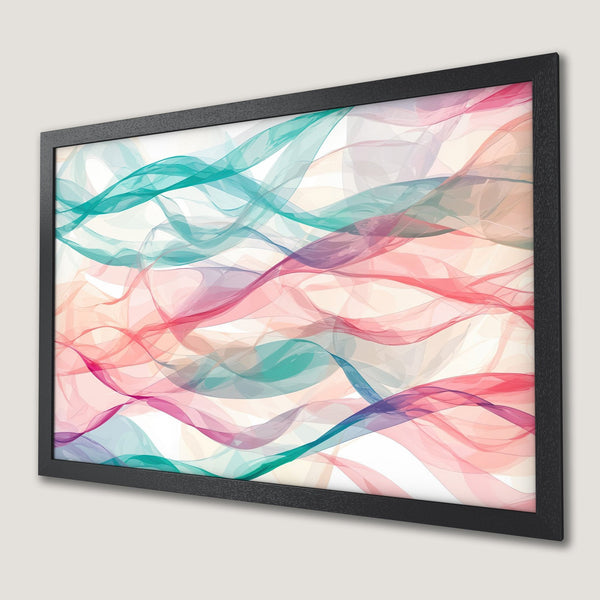 Framed Poster featuring abstract flowing ribbons in teal, pink, and purple hues. Modern art for your home decor.