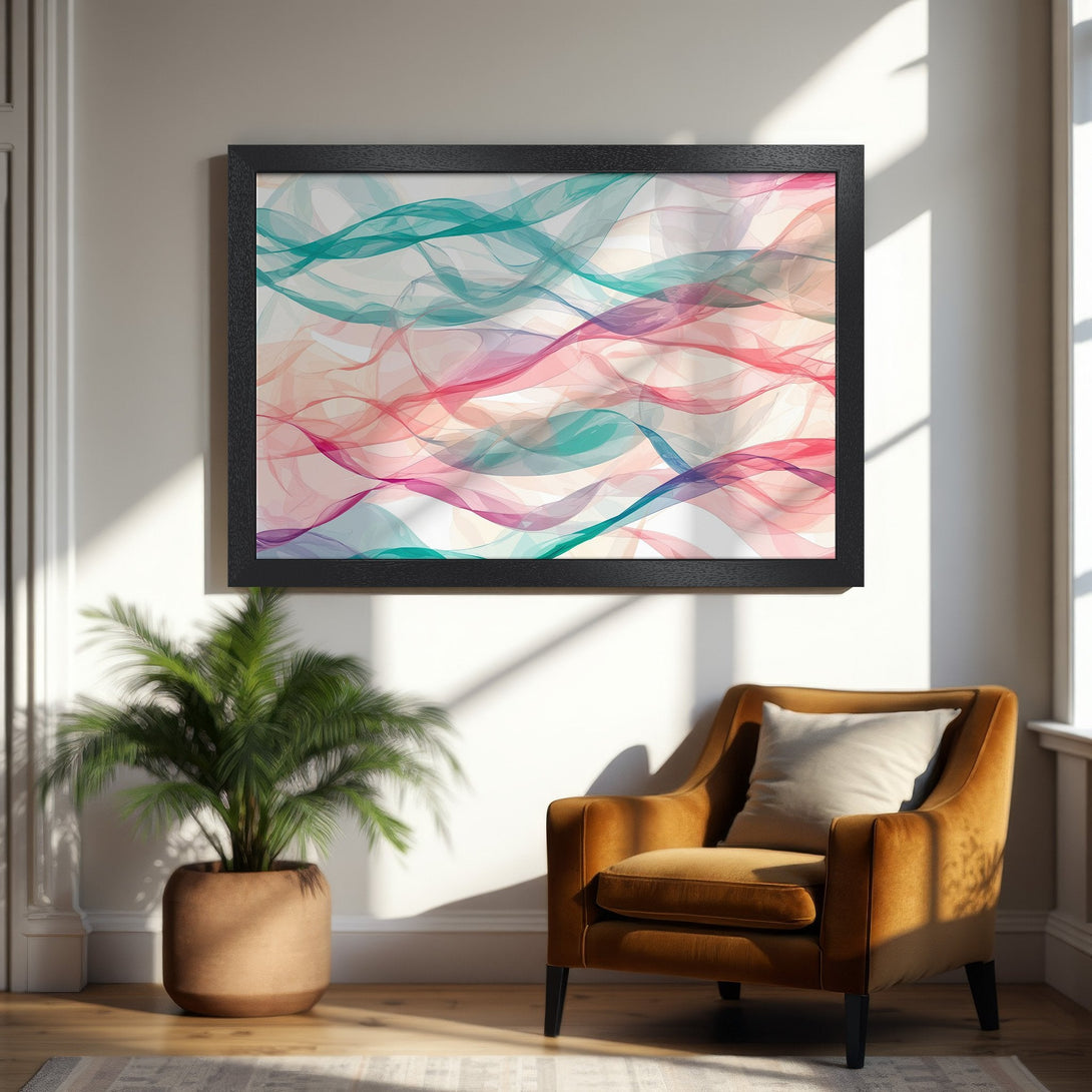 Framed Poster featuring abstract flowing ribbons in teal, pink, and purple hues. Modern art print for home decor.