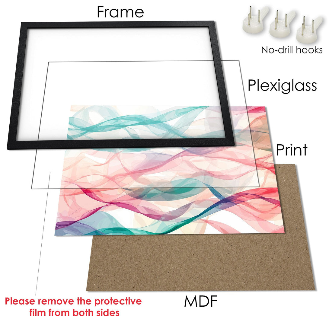 Framed Poster with abstract art in pastel pink, teal, and purple. Modern wall art for your home decor.