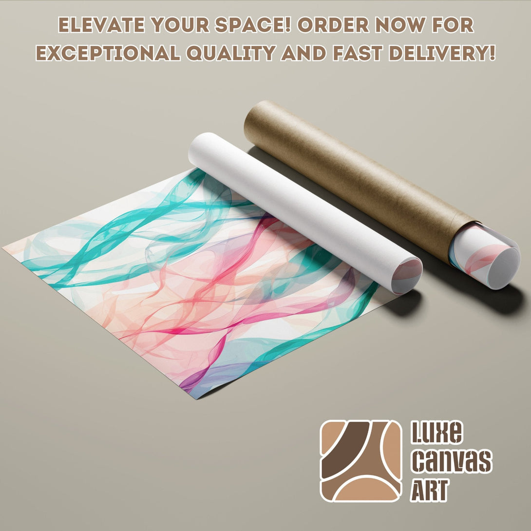 Abstract art Poster Roll in teal, pink, and white. Elevate your space with Luxe Canvas Art.