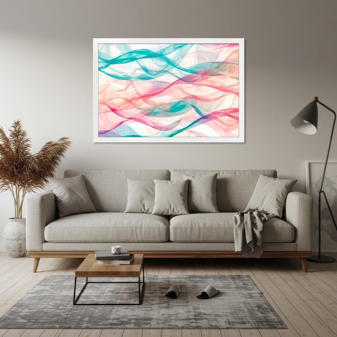 Framed Poster featuring abstract flowing ribbons in teal, pink, and peach tones. Modern art print perfect for any living room.
