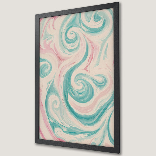 Framed Poster featuring abstract swirls in teal, pink, and cream. Modern art print for home decor.