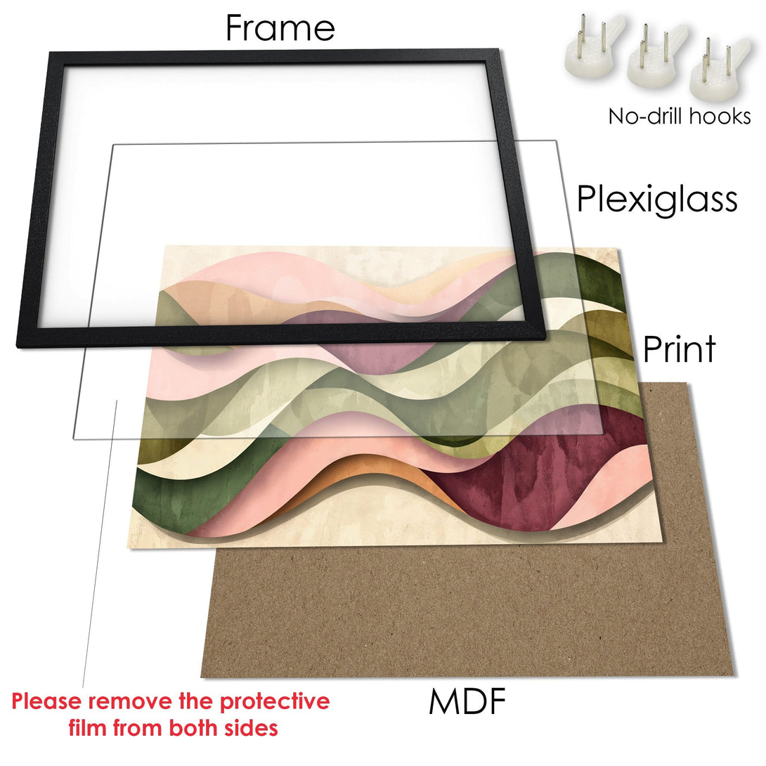 Framed Poster with abstract wave design in muted pink, green, and beige tones. Modern art for your home!