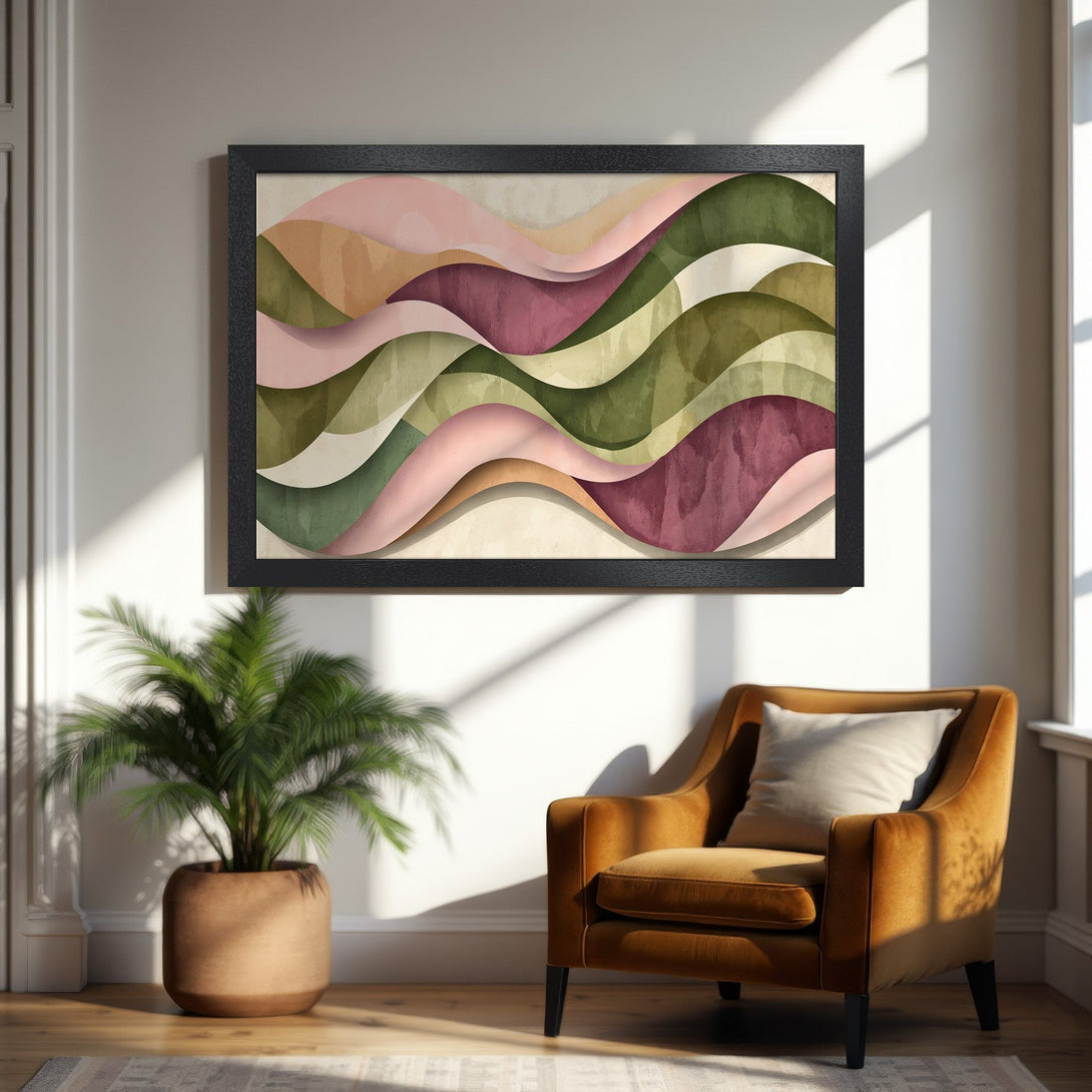 Framed Poster featuring abstract wave design in muted pinks, greens, and browns. Modern art style, perfect for home decor.