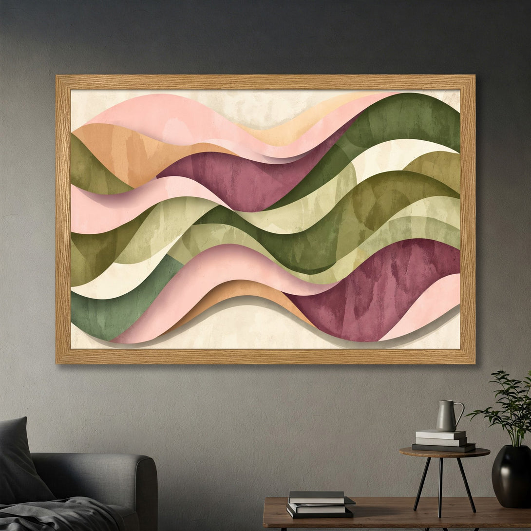 Framed Poster featuring abstract layered waves in muted pink, green, and earthy tones. Modern art print for stylish home decor.