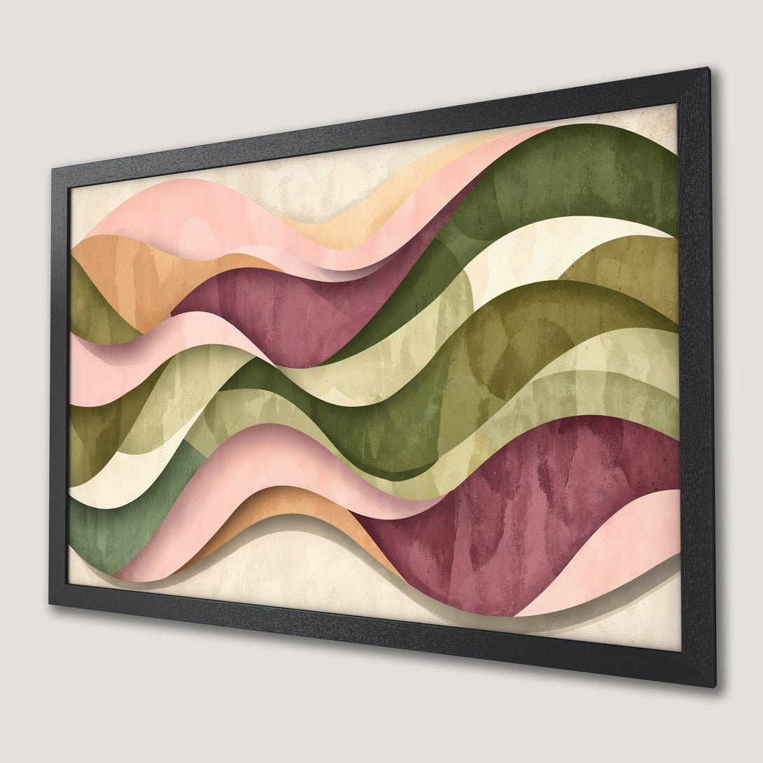 Framed Poster featuring abstract layered waves in a warm, earthy color palette. Perfect art for modern decor.