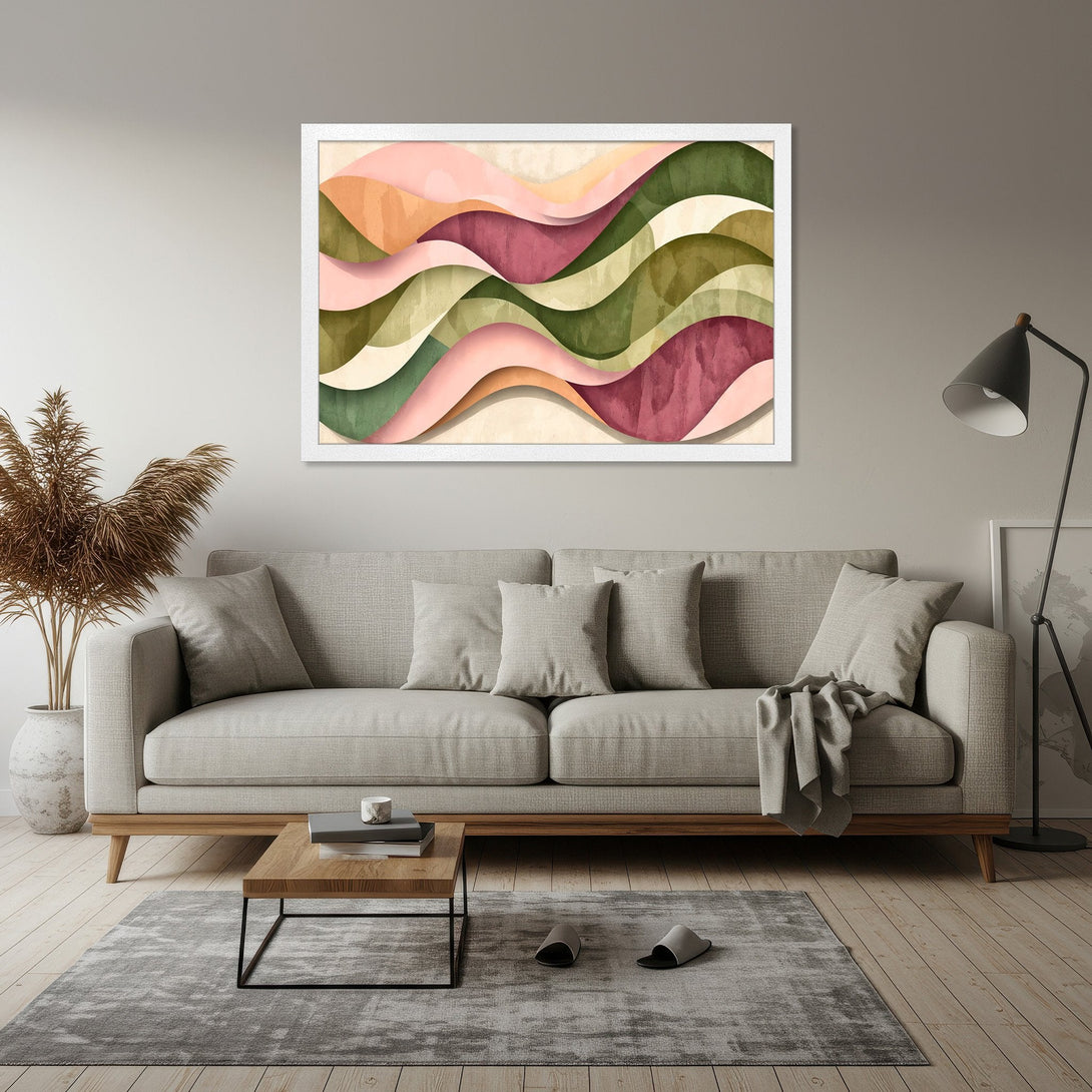 Framed Poster featuring abstract layered waves in a warm, earthy palette. Perfect art for modern home decor.