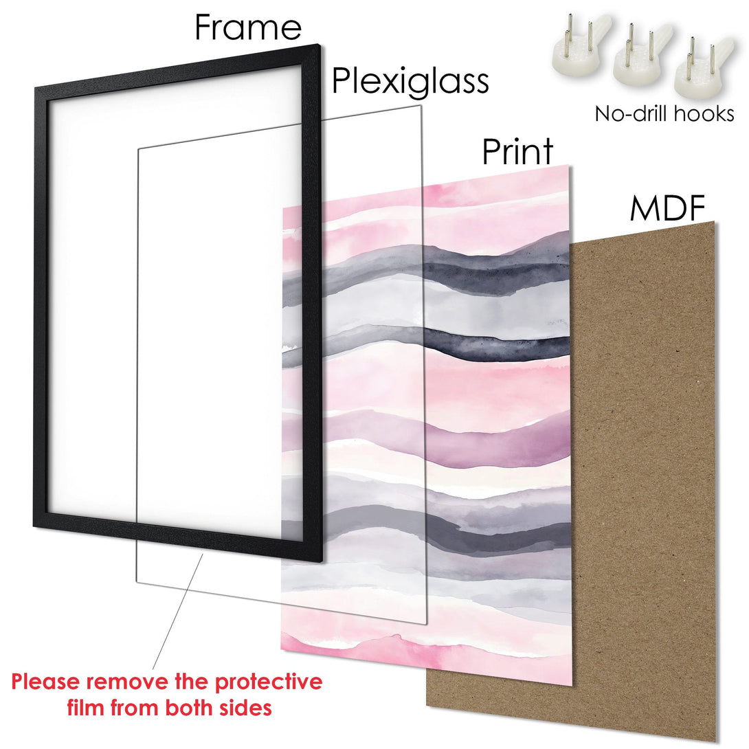Framed Poster with abstract watercolor design in pink, gray, and purple hues. Modern art for your home!