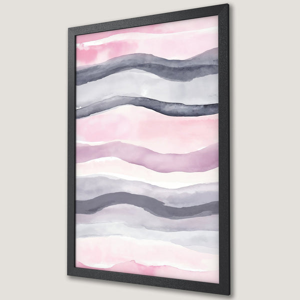 Framed Poster featuring watercolor abstract art in pink, gray, and purple tones. Modern wall decor for a stylish home.