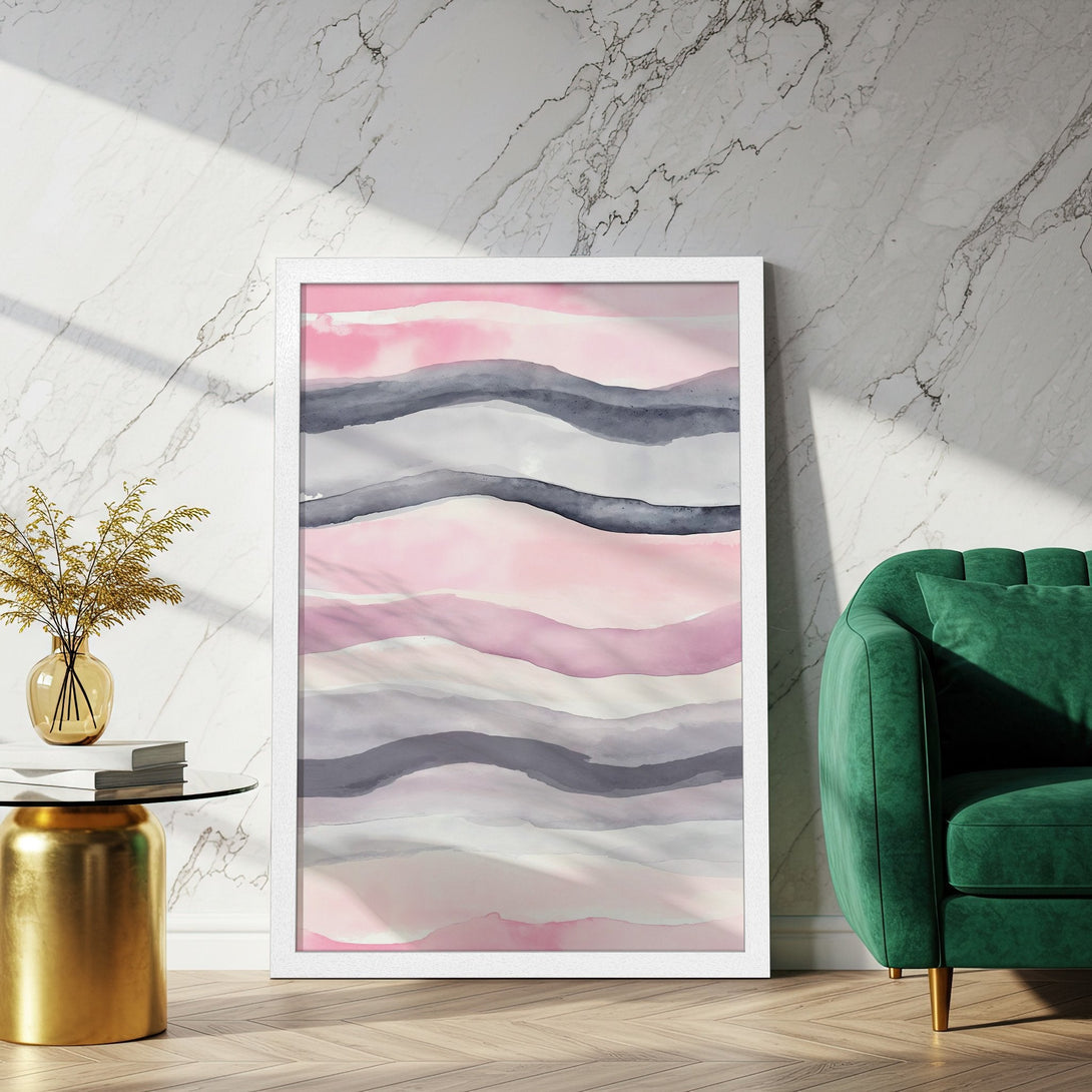 Framed Poster featuring abstract watercolor art in pink, gray, and white. Modern decor for your home.