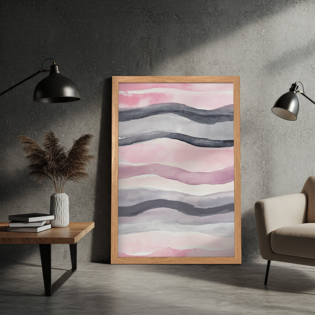 Framed Poster featuring abstract watercolor art in pink, gray, and neutral tones. Perfect for adding a touch of modern elegance to your space!