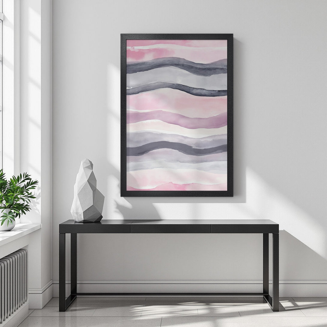 Framed Poster featuring abstract watercolor art in a pink, gray, and white color palette, perfect for modern home decor.