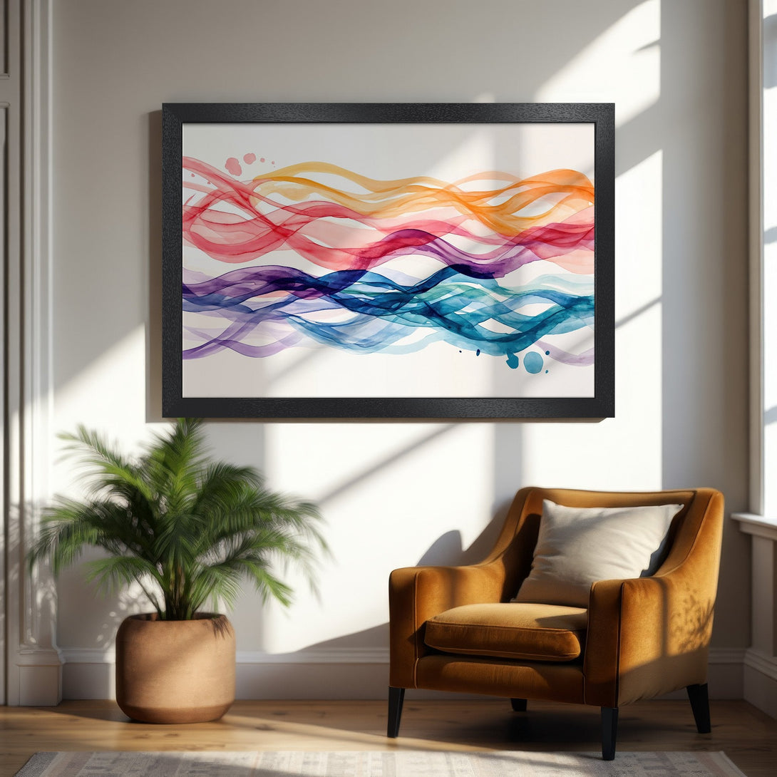 Framed Poster featuring abstract watercolor waves in vibrant red, orange, purple, and blue hues. Modern art for your home!