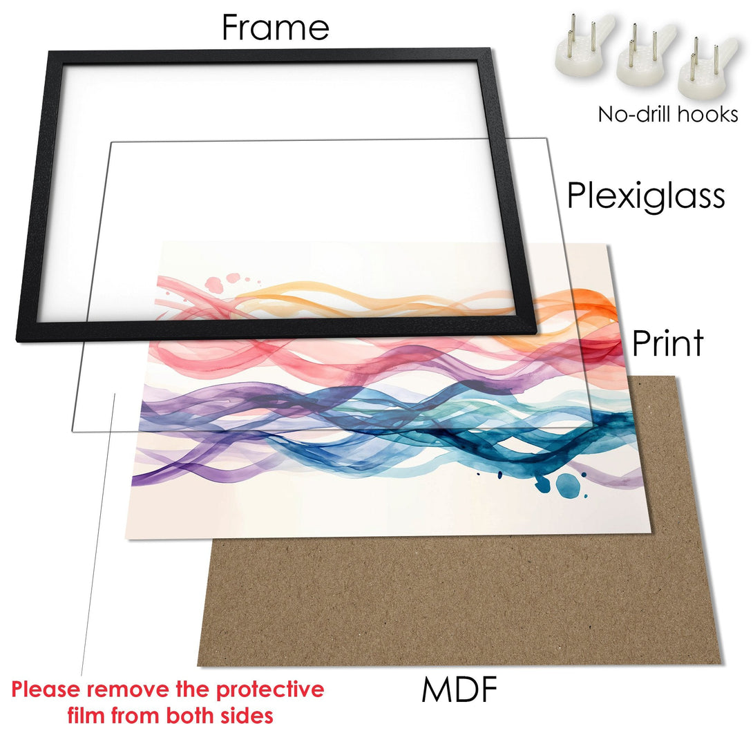 Framed Poster with abstract watercolor design in vibrant blues, pinks, and oranges. Perfect art for your home!