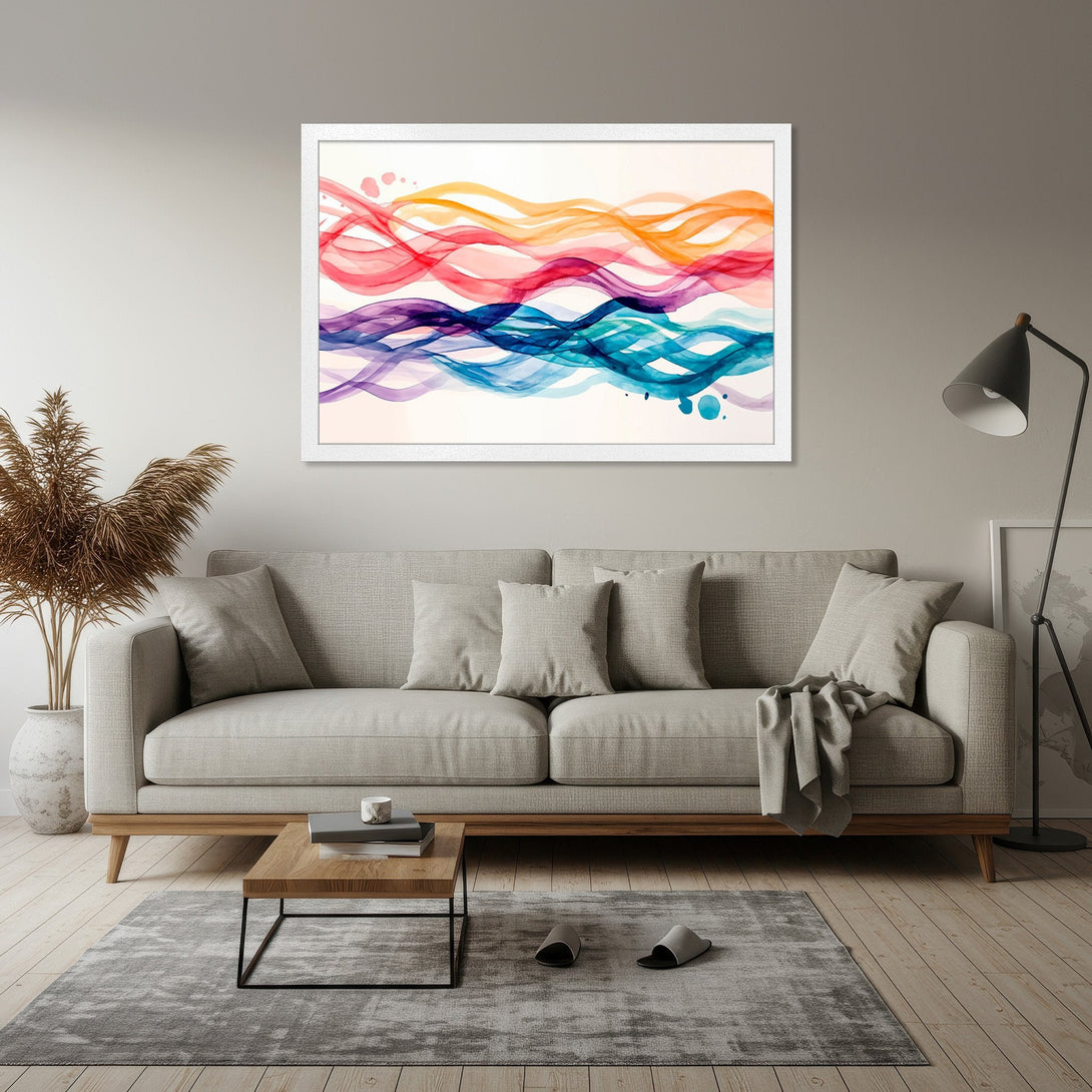 Framed Poster featuring abstract watercolor waves in a vibrant, warm color palette. Perfect for adding art to your home!