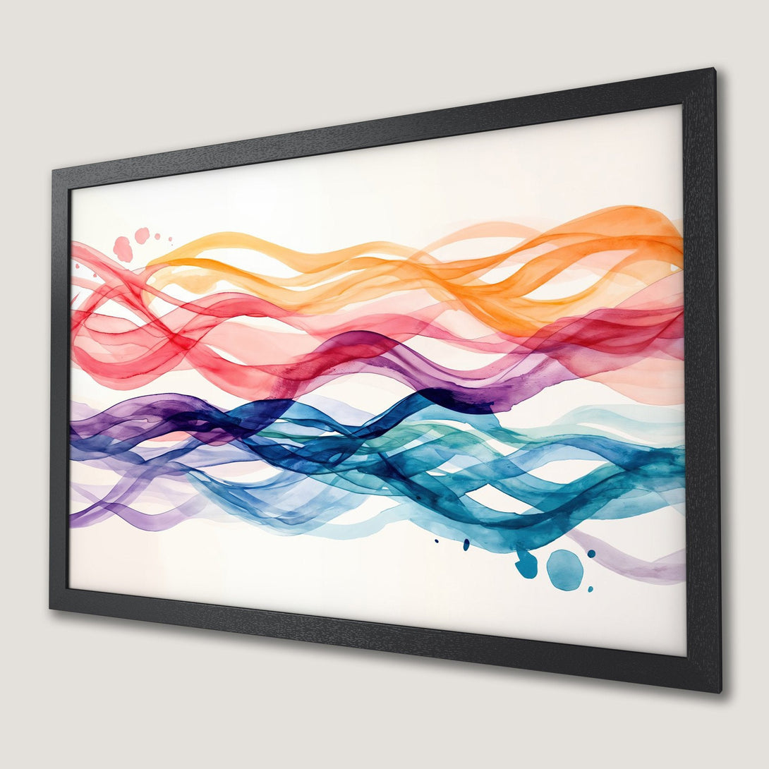 Framed Poster featuring abstract watercolor waves in a vibrant, warm color palette of orange, red, purple, and blue. Perfect wall art!