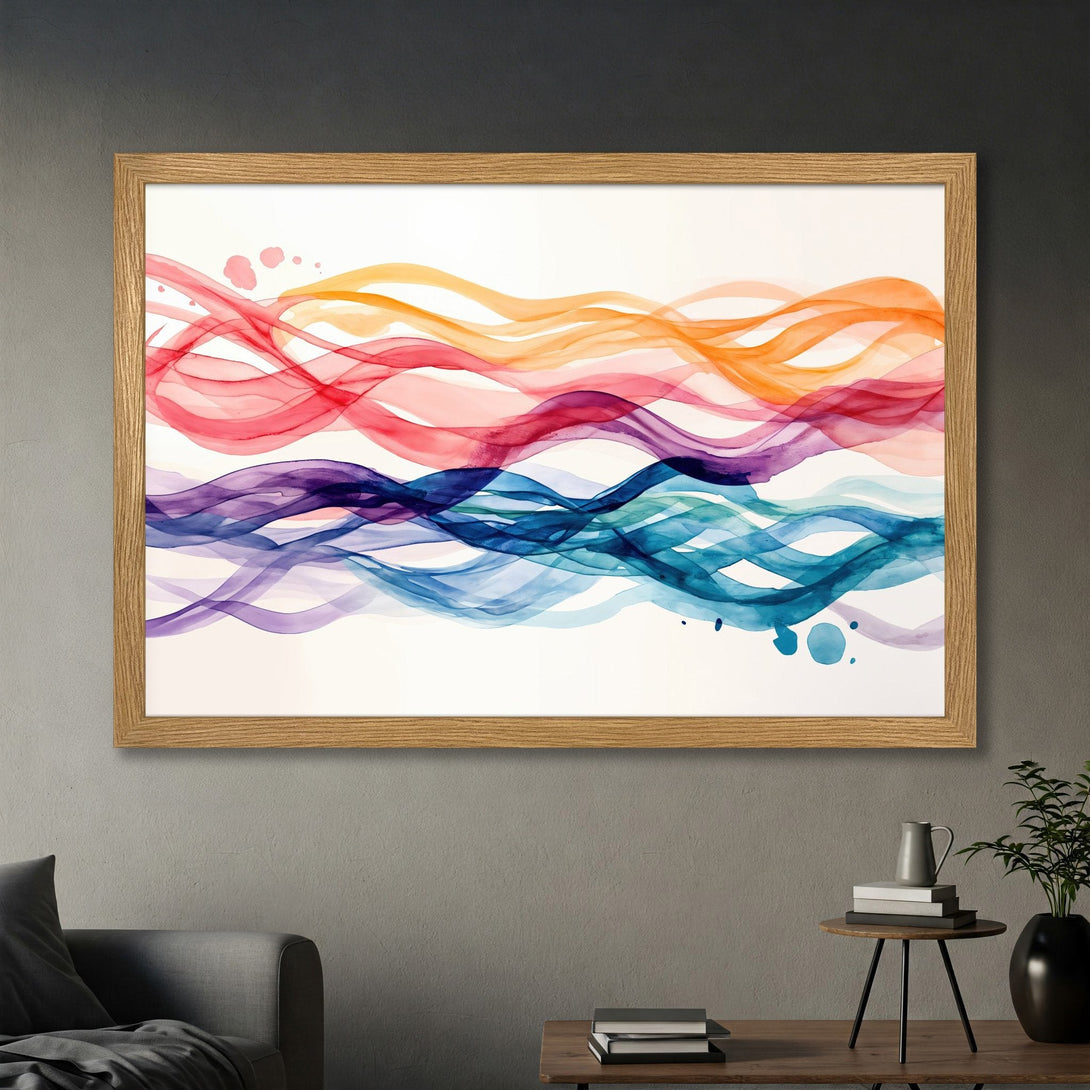 Framed Poster featuring abstract watercolor waves in vibrant red, orange, purple, and blue hues. Modern art perfect for home decor.