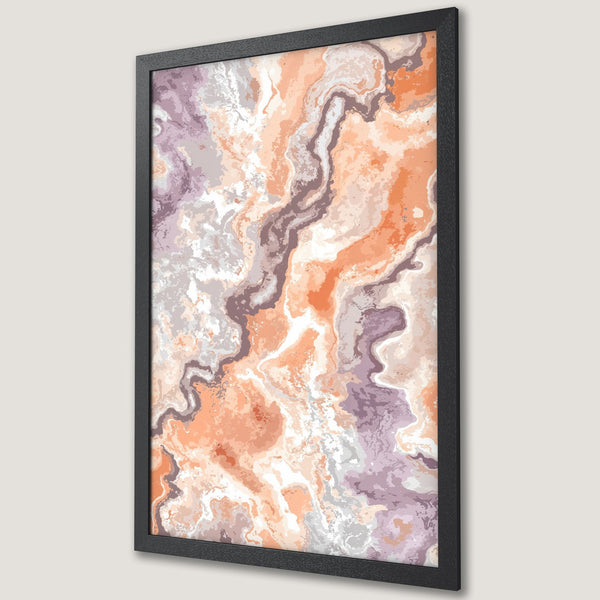 Framed Poster featuring an abstract marble design in warm orange, purple, and gray tones. Perfect wall art for any space!