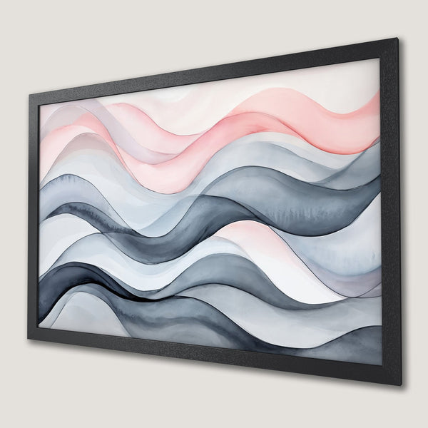 Framed Poster featuring abstract watercolor waves in a calming gray and pink color palette. Modern art for your home decor.