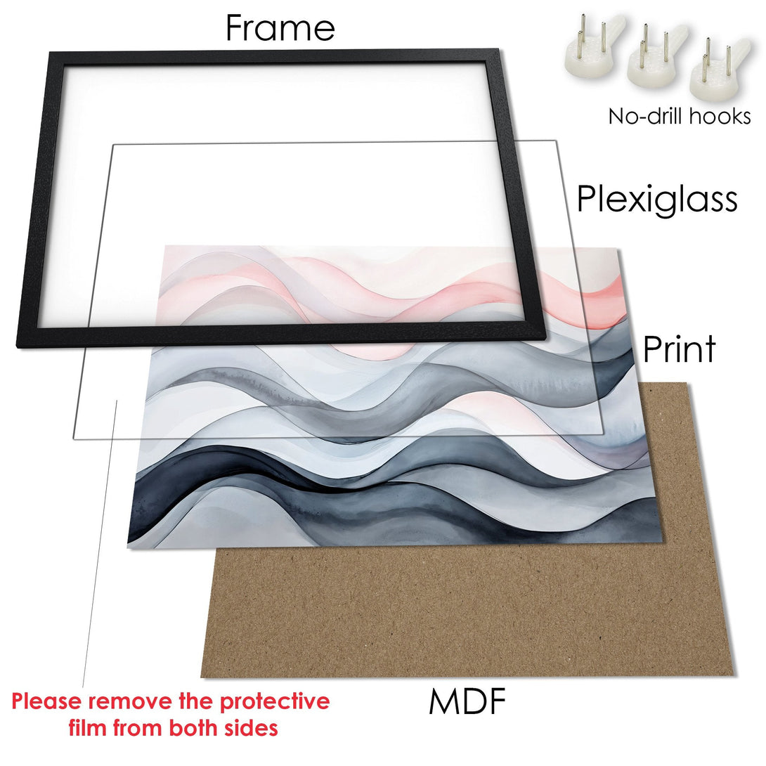 Framed Poster with abstract watercolor art in gray, pink, and white. Modern wall decor for any space.