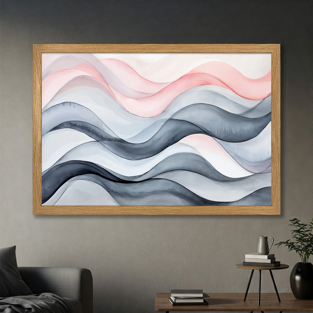 Framed Poster featuring abstract watercolor waves in pink, gray, and white. Modern art print for home decor.