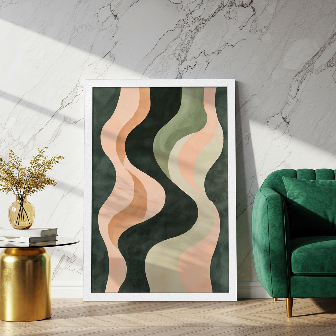 Framed Poster featuring abstract wavy design in earth tones. Modern art print perfect for home decor.