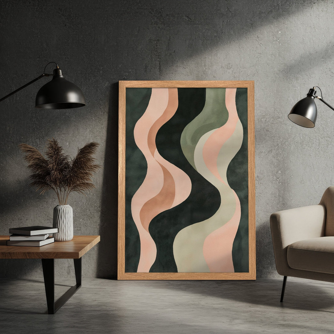 Framed Poster featuring abstract wavy design in muted pink, green, and dark teal tones. Modern art style, perfect for home decor.