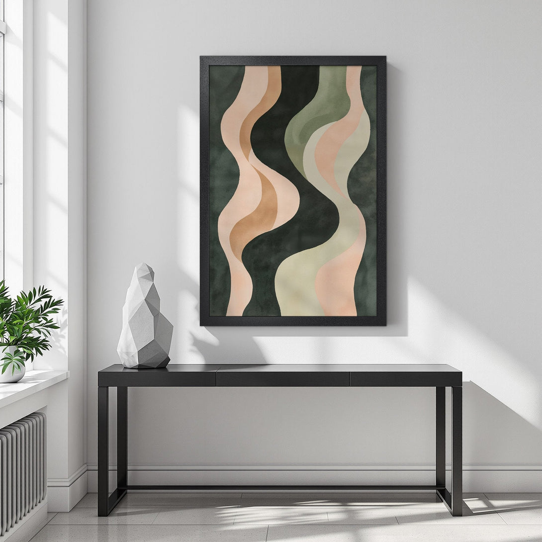 Framed Poster featuring abstract wavy design in earthy tones, perfect for adding modern art to your home decor.