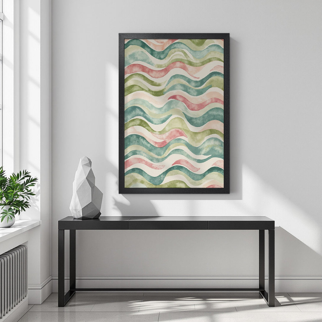 Framed Poster featuring watercolor waves in teal, pink, and green. Add a touch of art to your space with this stylish poster!