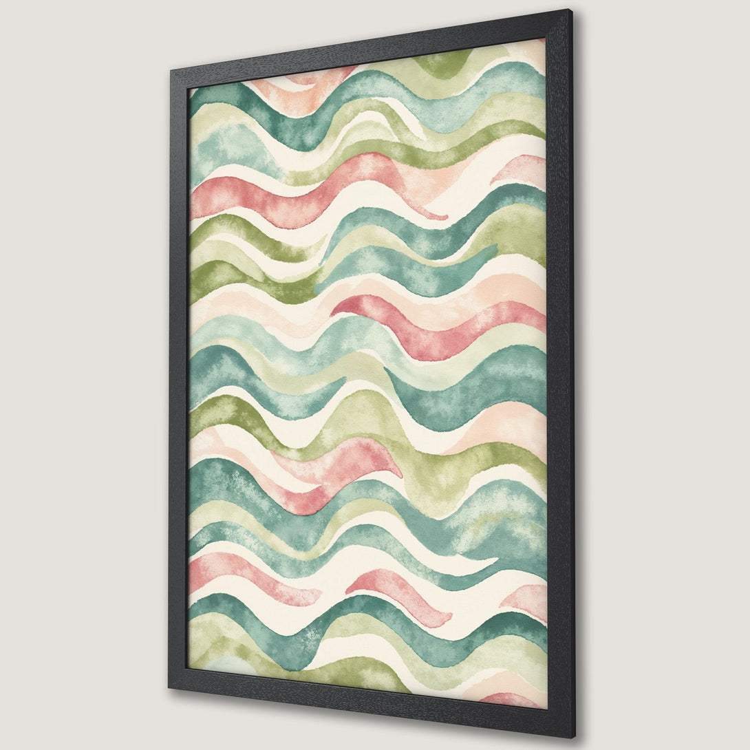Framed Poster featuring watercolor waves in a calming green, pink, and teal color palette. Perfect art for any space!