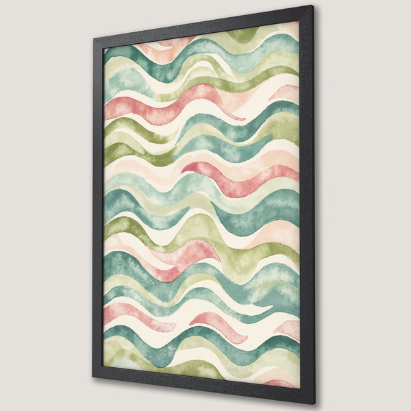 Framed Poster featuring watercolor waves in a calming green, pink, and teal color palette. Perfect art for any space!