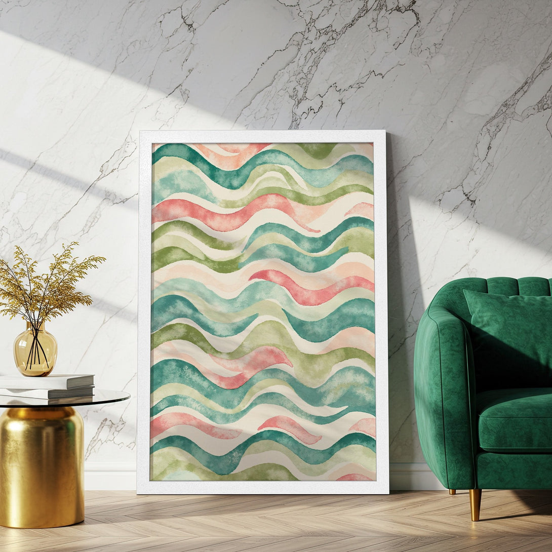 Framed Poster featuring a watercolor wave design in calming green, pink, and beige tones. Perfect wall art for a serene space.