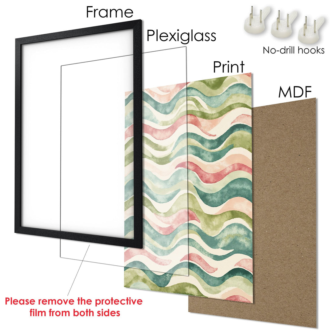 Framed Poster with watercolor wave design in green, pink, and beige. Modern art print for home decor.